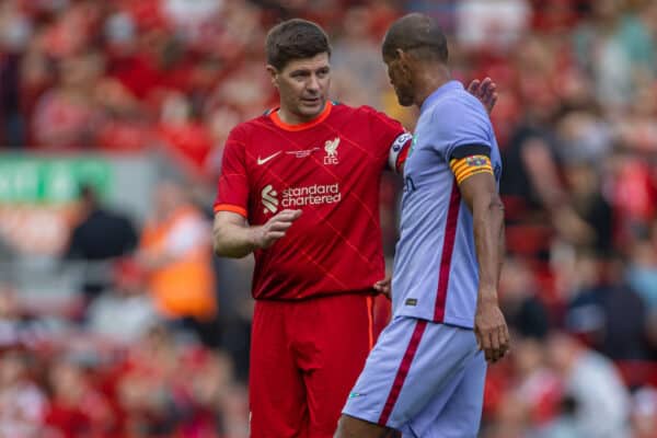 LIVERPOOL, ENGLAND - Saturday, March 26, 2022: Liverpool's Steven Gerrard (L) and Barcelona's captain Rivaldo Vítor Borba Ferreira during the LFC Foundation friendly match between Liverpool FC Legends and FC Barcelona Legends at Anfield. (Pic by David Rawcliffe/Propaganda)