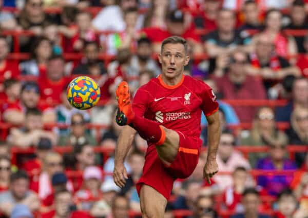LIVERPOOL, ENGLAND - Saturday, March 26, 2022: Liverpool's Fábio Aurélio during the LFC Foundation friendly match between Liverpool FC Legends and FC Barcelona Legends at Anfield. (Pic by David Rawcliffe/Propaganda)