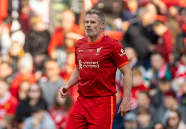 LIVERPOOL, ENGLAND - Saturday, March 26, 2022: Liverpool's Jamie Carragher during the LFC Foundation friendly match between Liverpool FC Legends and FC Barcelona Legends at Anfield. (Pic by David Rawcliffe/Propaganda)