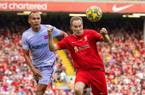 LIVERPOOL, ENGLAND - Saturday, March 26, 2022: Liverpool's Jason McAteer (R) during the LFC Foundation friendly match between Liverpool FC Legends and FC Barcelona Legends at Anfield. (Pic by David Rawcliffe/Propaganda)