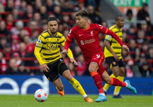 LIVERPOOL, ENGLAND - Saturday, April 2, 2022: Liverpool's Roberto Firmino during the FA Premier League match between Liverpool FC and Watford FC at Anfield. (Pic by David Rawcliffe/Propaganda)