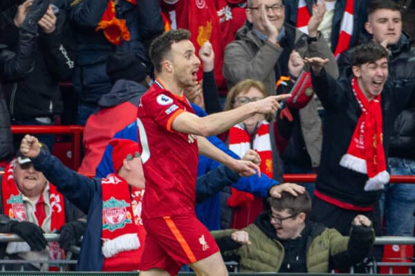 LIVERPOOL, ENGLAND - Saturday, April 2, 2022: Liverpool's Diogo Jota celebrates after scoring the first goal during the FA Premier League match between Liverpool FC and Watford FC at Anfield. (Pic by David Rawcliffe/Propaganda)