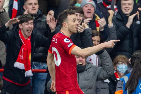 LIVERPOOL, ENGLAND - Saturday, April 2, 2022: Liverpool's Diogo Jota celebrates after scoring the first goal during the FA Premier League match between Liverpool FC and Watford FC at Anfield. (Pic by David Rawcliffe/Propaganda)