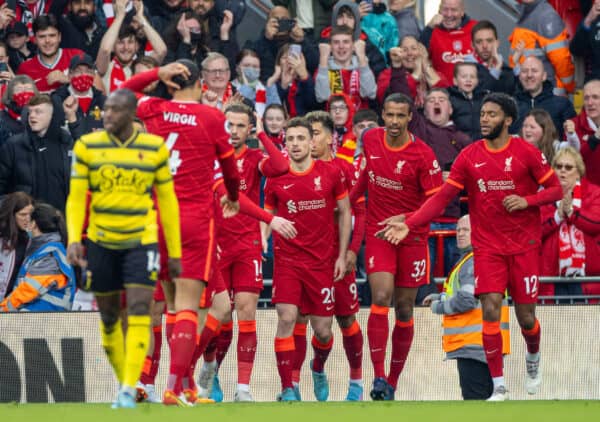 LIVERPOOL, ENGLAND - Saturday, April 2, 2022: Liverpool's Diogo Jota celebrates after scoring the first goal during the FA Premier League match between Liverpool FC and Watford FC at Anfield. (Pic by David Rawcliffe/Propaganda)