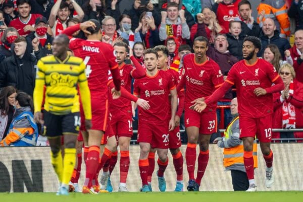 LIVERPOOL, ENGLAND - Saturday, April 2, 2022: Liverpool's Diogo Jota celebrates after scoring the first goal during the FA Premier League match between Liverpool FC and Watford FC at Anfield. (Pic by David Rawcliffe/Propaganda)