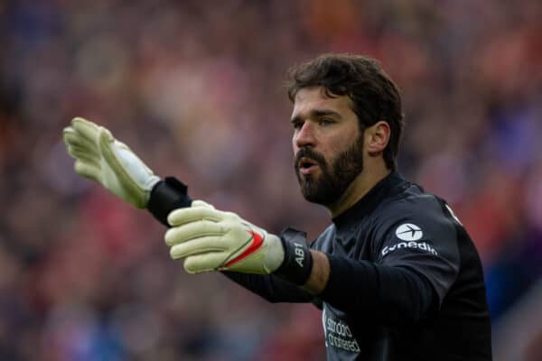 LIVERPOOL, ENGLAND - Saturday, April 2, 2022: Liverpool's goalkeeper Alisson Becker during the FA Premier League match between Liverpool FC and Watford FC at Anfield. (Pic by David Rawcliffe/Propaganda)