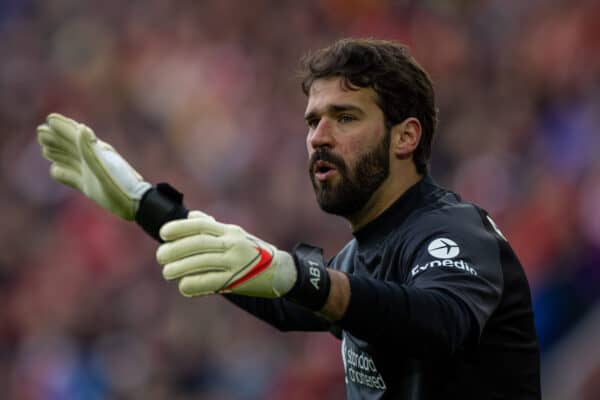 LIVERPOOL, ENGLAND - Saturday, April 2, 2022: Liverpool's goalkeeper Alisson Becker during the FA Premier League match between Liverpool FC and Watford FC at Anfield. (Pic by David Rawcliffe/Propaganda)