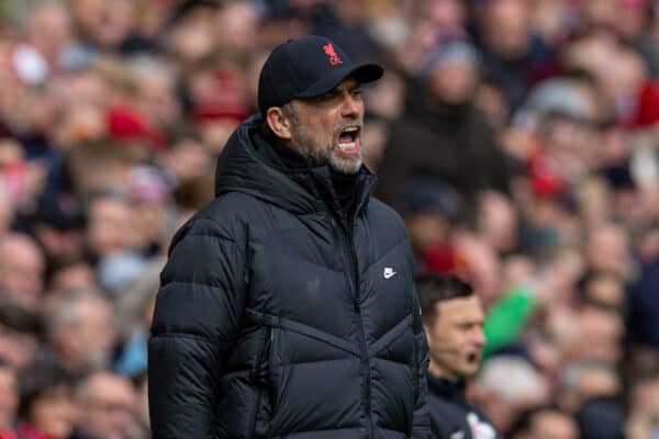 LIVERPOOL, ENGLAND - Saturday, April 2, 2022: Liverpool's manager Jürgen Klopp reacts during the FA Premier League match between Liverpool FC and Watford FC at Anfield. (Pic by David Rawcliffe/Propaganda)