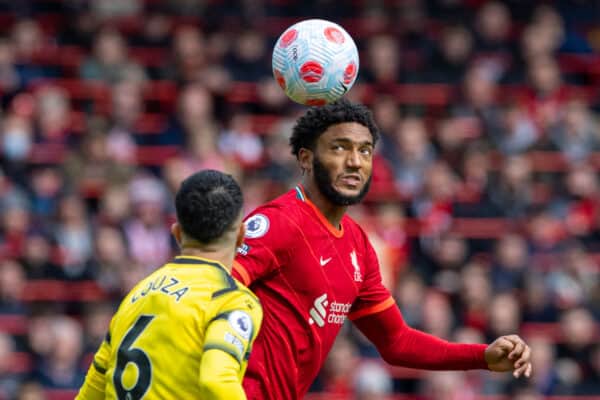 LIVERPOOL, ENGLAND - Saturday, April 2, 2022: Liverpool's Joe Gomez during the FA Premier League match between Liverpool FC and Watford FC at Anfield. (Pic by David Rawcliffe/Propaganda)