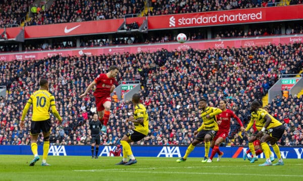 LIVERPOOL, ENGLAND - Saturday, April 2, 2022: Liverpool's Diogo Jota heads towards goal during the FA Premier League match between Liverpool FC and Watford FC at Anfield. (Pic by David Rawcliffe/Propaganda)