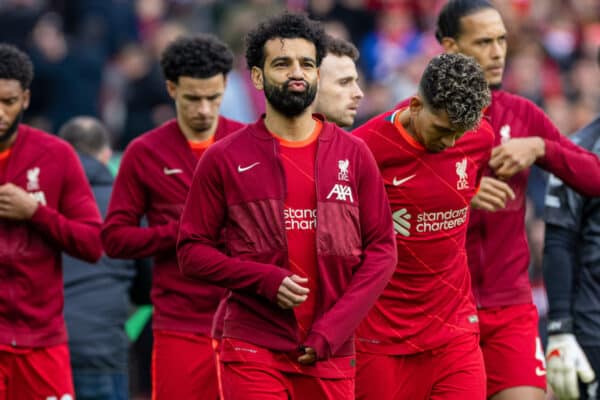 LIVERPOOL, ENGLAND - Saturday, April 2, 2022: Liverpool's Mohamed Salah before the FA Premier League match between Liverpool FC and Watford FC at Anfield. (Pic by David Rawcliffe/Propaganda)