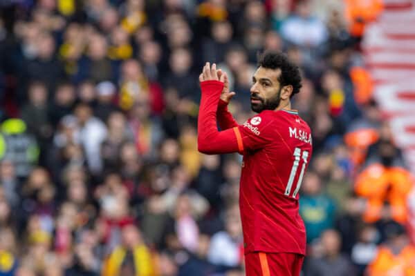 LIVERPOOL, ENGLAND - Saturday, April 2, 2022: Liverpool's Mohamed Salah applauds the supporters as he is substituted during the FA Premier League match between Liverpool FC and Watford FC at Anfield. (Pic by David Rawcliffe/Propaganda)