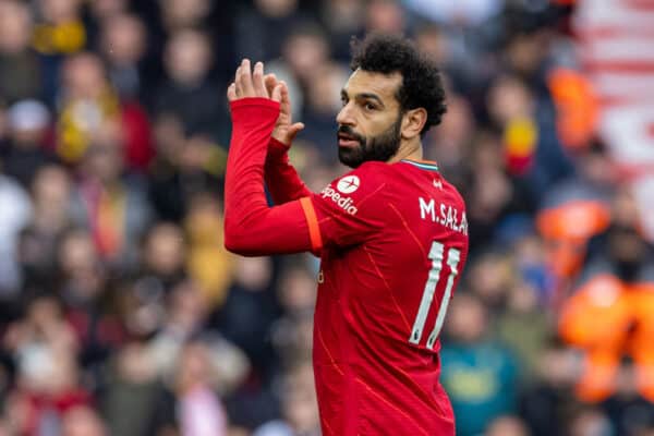 LIVERPOOL, ENGLAND - Saturday, April 2, 2022: Liverpool's Mohamed Salah applauds the supporters as he is substituted during the FA Premier League match between Liverpool FC and Watford FC at Anfield. (Pic by David Rawcliffe/Propaganda)