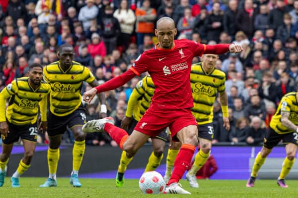 LIVERPOOL, ENGLAND - Saturday, April 2, 2022: Liverpool's Fabio Henrique Tavares 'Fabinho' scores the second goal from a penalty kick during the FA Premier League match between Liverpool FC and Watford FC at Anfield. (Pic by David Rawcliffe/Propaganda)