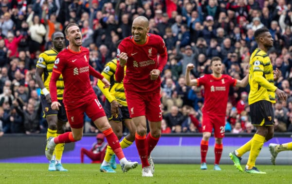 LIVERPOOL, ENGLAND - Saturday, April 2, 2022: Liverpool's Fabio Henrique Tavares 'Fabinho' celebrates after scoring the second goal during the FA Premier League match between Liverpool FC and Watford FC at Anfield. (Pic by David Rawcliffe/Propaganda)