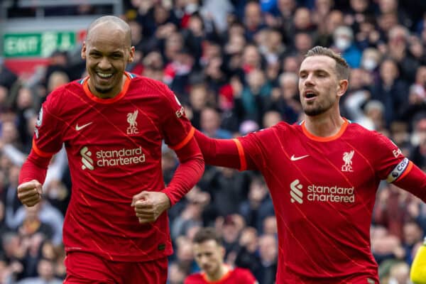 LIVERPOOL, ENGLAND - Saturday, April 2, 2022: Liverpool's Fabio Henrique Tavares 'Fabinho' celebrates after scoring the second goal during the FA Premier League match between Liverpool FC and Watford FC at Anfield. (Pic by David Rawcliffe/Propaganda)