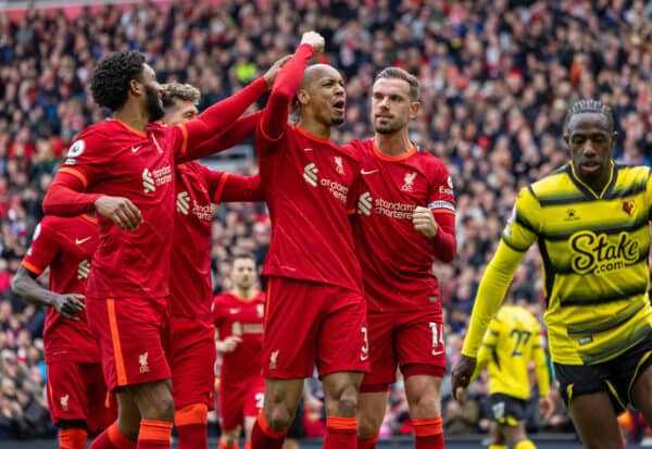 LIVERPOOL, ENGLAND - Saturday, April 2, 2022: Liverpool's Fabio Henrique Tavares 'Fabinho' celebrates after scoring the second goal during the FA Premier League match between Liverpool FC and Watford FC at Anfield. (Pic by David Rawcliffe/Propaganda)