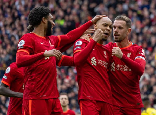 LIVERPOOL, ENGLAND - Saturday, April 2, 2022: Liverpool's Fabio Henrique Tavares 'Fabinho' celebrates after scoring the second goal during the FA Premier League match between Liverpool FC and Watford FC at Anfield. (Pic by David Rawcliffe/Propaganda)