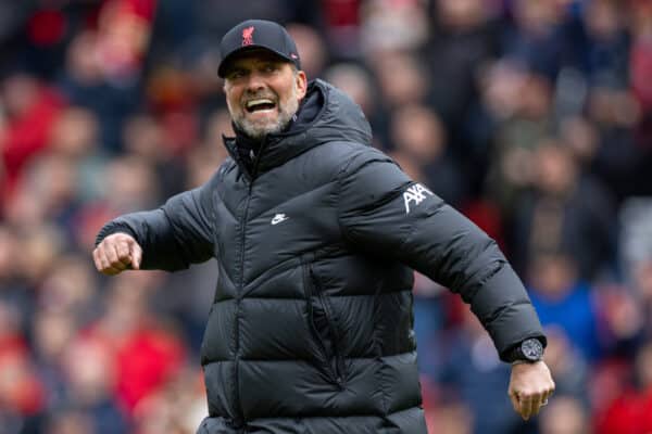 LIVERPOOL, ENGLAND - Saturday, April 2, 2022: Liverpool's manager Jürgen Klopp celebrates after the FA Premier League match between Liverpool FC and Watford FC at Anfield. Liverpool won 2-0. (Pic by David Rawcliffe/Propaganda)