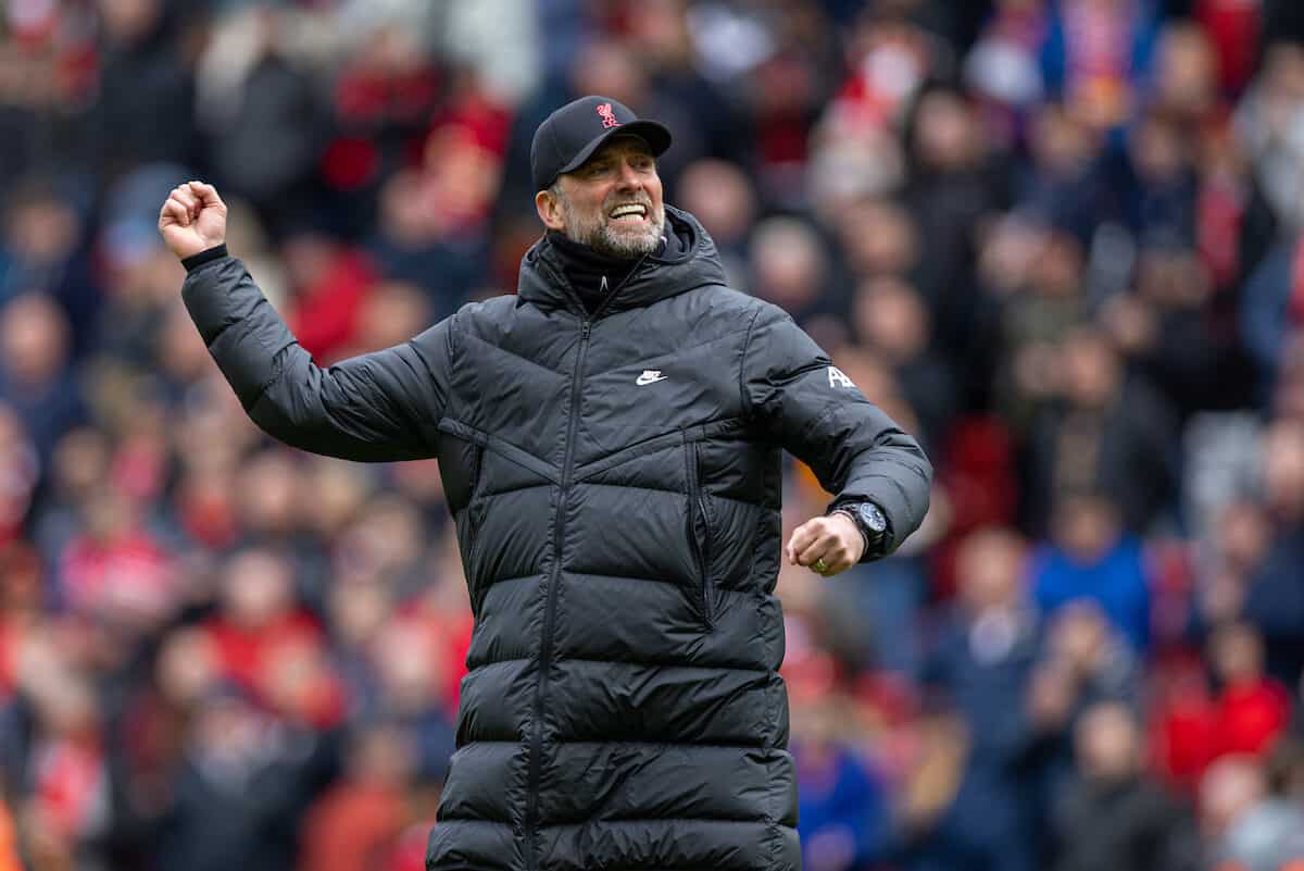 LIVERPOOL, ENGLAND - Saturday, April 2, 2022: Liverpool's manager Jürgen Klopp celebrates after the FA Premier League match between Liverpool FC and Watford FC at Anfield. Liverpool won 2-0. (Pic by David Rawcliffe/Propaganda)