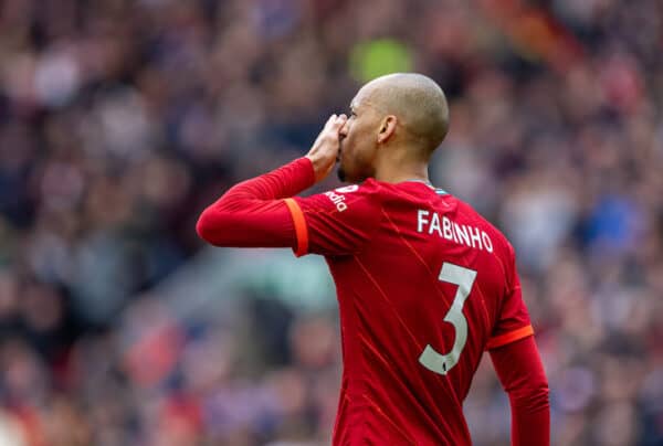 LIVERPOOL, ENGLAND - Saturday, April 2, 2022: Liverpool's Fabio Henrique Tavares 'Fabinho' celebrates after scoring the second goal during the FA Premier League match between Liverpool FC and Watford FC at Anfield. (Pic by David Rawcliffe/Propaganda)