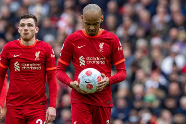 LIVERPOOL, ENGLAND - Saturday, April 2, 2022: Liverpool's Fabio Henrique Tavares 'Fabinho' (R) prepares to take a penalty during the FA Premier League match between Liverpool FC and Watford FC at Anfield. (Pic by David Rawcliffe/Propaganda)