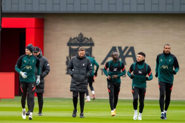 LIVERPOOL, ENGLAND - Monday, April 4, 2022: Liverpool players make their way out to a training session at the AXA Training Centre ahead of the UEFA Champions League Quarter-Final 1st Leg match against SL Benfica. (Pic by David Rawcliffe/Propaganda)