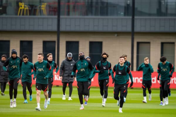 LIVERPOOL, ENGLAND - Monday, April 4, 2022: Liverpool players make their way out to a training session at the AXA Training Centre ahead of the UEFA Champions League Quarter-Final 1st Leg match against SL Benfica. (Pic by David Rawcliffe/Propaganda)