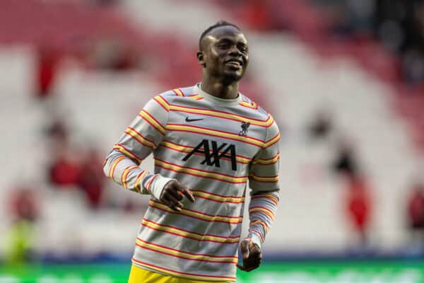 LISBON, PORTUGAL - Tuesday, April 5, 2022: Liverpool's Sadio Mané during the pre-match warm-up before the UEFA Champions League Quarter-Final 1st Leg game between SL Benfica and Liverpool FC at the Estádio da Luz. (Pic by David Rawcliffe/Propaganda)