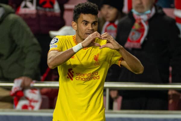 LISBON, PORTUGAL - Tuesday, April 5, 2022: Liverpool's Luis Díaz celebrates after scoring the third goal during the UEFA Champions League Quarter-Final 1st Leg game between SL Benfica and Liverpool FC at the Estádio da Luz. (Pic by David Rawcliffe/Propaganda)