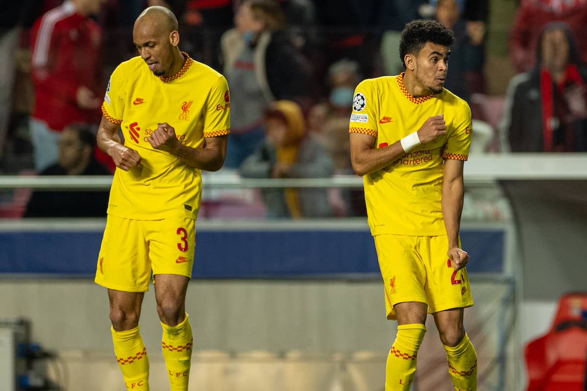 LISBON, PORTUGAL - Tuesday, April 5, 2022: Liverpool's Luis Díaz (R) dances with team-mate Fabio Henrique Tavares 'Fabinho' (L) as he celebrates after scoring the third goal during the UEFA Champions League Quarter-Final 1st Leg game between SL Benfica and Liverpool FC at the Estádio da Luz. (Pic by David Rawcliffe/Propaganda)