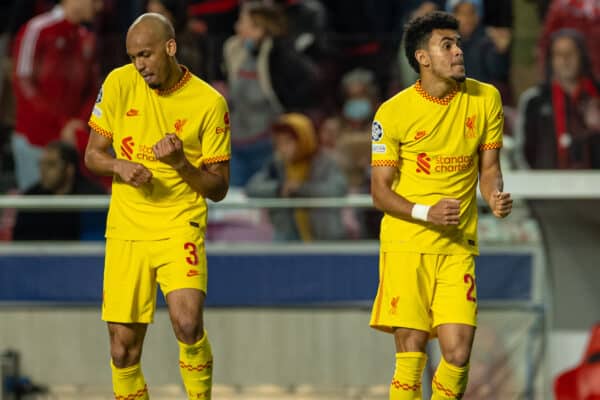 LISBON, PORTUGAL - Tuesday, April 5, 2022: Liverpool's Luis Díaz (R) dances with team-mate Fabio Henrique Tavares 'Fabinho' (L) as he celebrates after scoring the third goal during the UEFA Champions League Quarter-Final 1st Leg game between SL Benfica and Liverpool FC at the Estádio da Luz. (Pic by David Rawcliffe/Propaganda)