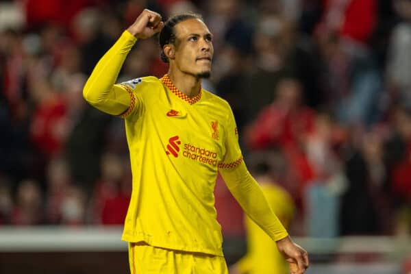 LISBON, PORTUGAL - Tuesday, April 5, 2022: Liverpool's Virgil van Dijk celebrates after the UEFA Champions League Quarter-Final 1st Leg game between SL Benfica and Liverpool FC at the Estádio da Luz. Liverpool won 3-1. (Pic by David Rawcliffe/Propaganda)