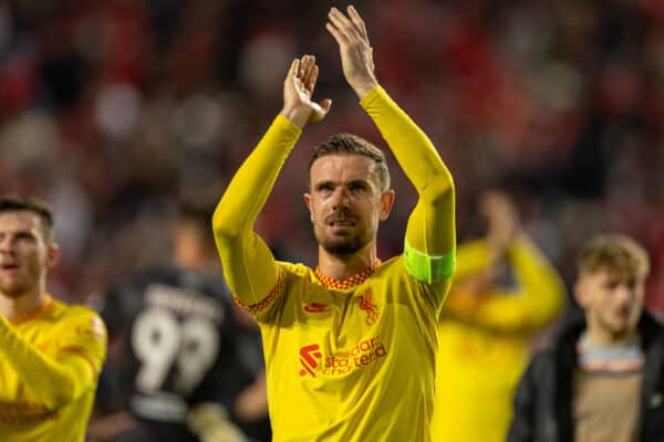 LISBON, PORTUGAL - Tuesday, April 5, 2022: Liverpool's captain Jordan Henderson celebrates after the UEFA Champions League Quarter-Final 1st Leg game between SL Benfica and Liverpool FC at the Estádio da Luz. Liverpool won 3-1. (Pic by David Rawcliffe/Propaganda)