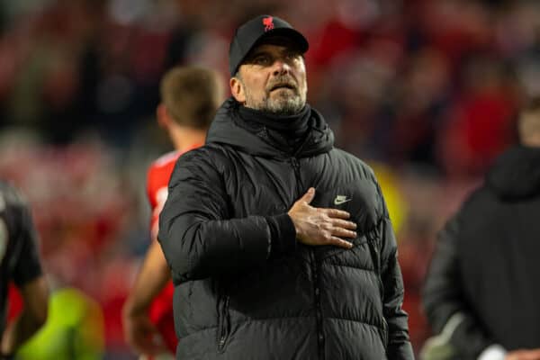 LISBON, PORTUGAL - Tuesday, April 5, 2022: Liverpool's manager Jürgen Klopp celebrates after the UEFA Champions League Quarter-Final 1st Leg game between SL Benfica and Liverpool FC at the Estádio da Luz. Liverpool won 3-1. (Pic by David Rawcliffe/Propaganda)