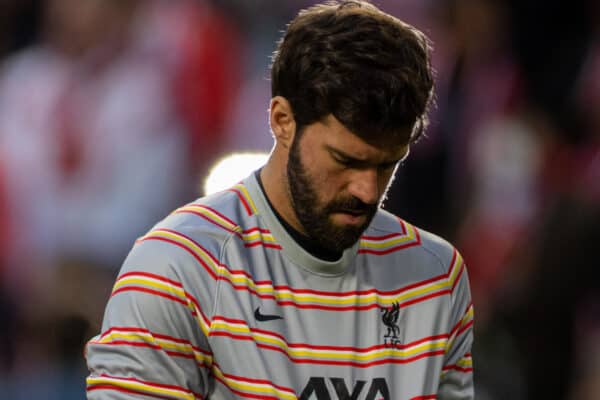 LISBON, PORTUGAL - Tuesday, April 5, 2022: Liverpool's goalkeeper Alisson Becker during the pre-match warm-up before the UEFA Champions League Quarter-Final 1st Leg game between SL Benfica and Liverpool FC at the Estádio da Luz. (Pic by David Rawcliffe/Propaganda)