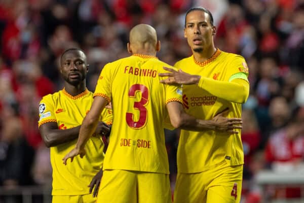 LISBON, PORTUGAL - Tuesday, April 5, 2022: Liverpool's captain Virgil van Dijk (R) with Fabio Henrique Tavares 'Fabinho' (C) and Naby Keita (L) before the UEFA Champions League Quarter-Final 1st Leg game between SL Benfica and Liverpool FC at the Estádio da Luz. (Pic by David Rawcliffe/Propaganda)