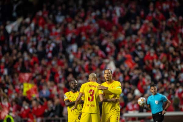 LISBON, PORTUGAL - Tuesday, April 5, 2022: Liverpool's captain Virgil van Dijk (R) with Fabio Henrique Tavares 'Fabinho' (C) and Naby Keita (L) before the UEFA Champions League Quarter-Final 1st Leg game between SL Benfica and Liverpool FC at the Estádio da Luz. (Pic by David Rawcliffe/Propaganda)