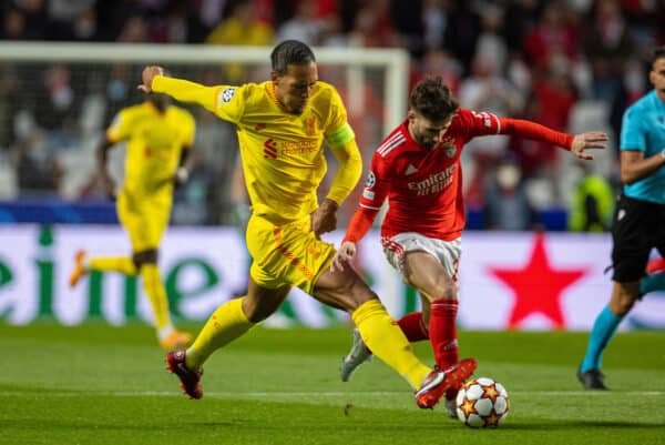 LISBON, PORTUGAL - Tuesday, April 5, 2022: Liverpool's Virgil van Dijk (L) challenges Benfica's Rafa Silva during the UEFA Champions League Quarter-Final 1st Leg game between SL Benfica and Liverpool FC at the Estádio da Luz. (Pic by David Rawcliffe/Propaganda)