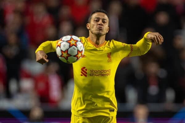 LISBON, PORTUGAL - Tuesday, April 5, 2022: Liverpool's Thiago Alcantara during the UEFA Champions League Quarter-Final 1st Leg game between SL Benfica and Liverpool FC at the Estádio da Luz. (Pic by David Rawcliffe/Propaganda)