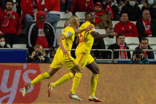 LISBON, PORTUGAL - Tuesday, April 5, 2022: Liverpool's Ibrahima Konaté celebrates after scoring the first goal during the UEFA Champions League Quarter-Final 1st Leg game between SL Benfica and Liverpool FC at the Estádio da Luz. (Pic by David Rawcliffe/Propaganda)