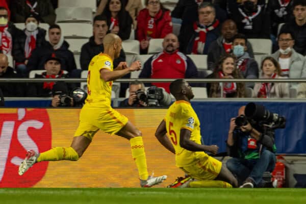 LISBON, PORTUGAL - Tuesday, April 5, 2022: Liverpool's Ibrahima Konaté celebrates after scoring the first goal during the UEFA Champions League Quarter-Final 1st Leg game between SL Benfica and Liverpool FC at the Estádio da Luz. (Pic by David Rawcliffe/Propaganda)