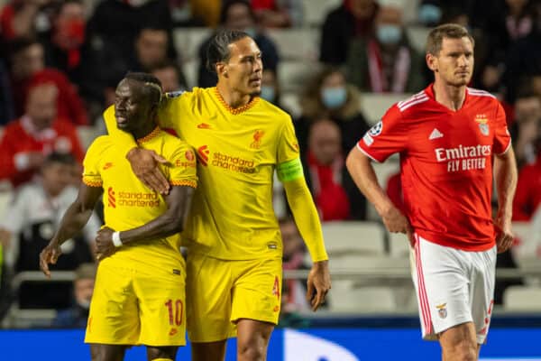 LISBON, PORTUGAL - Tuesday, April 5, 2022: Liverpool's Sadio Mané (L) celebrates with team-mate captain Virgil van Dijk after scoring the second goal during the UEFA Champions League Quarter-Final 1st Leg game between SL Benfica and Liverpool FC at the Estádio da Luz. (Pic by David Rawcliffe/Propaganda)