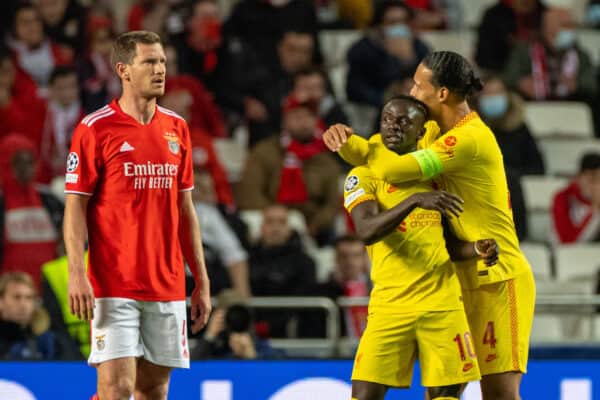 LISBON, PORTUGAL - Tuesday, April 5, 2022: Liverpool's Sadio Mané (L) celebrates with team-mate captain Virgil van Dijk after scoring the second goal during the UEFA Champions League Quarter-Final 1st Leg game between SL Benfica and Liverpool FC at the Estádio da Luz. (Pic by David Rawcliffe/Propaganda)