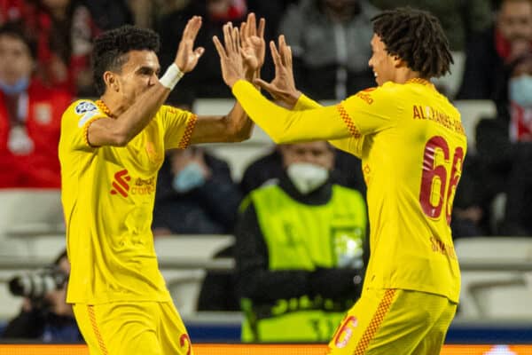 LISBON, PORTUGAL - Tuesday, April 5, 2022: Liverpool's Luis Díaz (L) and Trent Alexander-Arnold celebrate the second goal during the UEFA Champions League Quarter-Final 1st Leg game between SL Benfica and Liverpool FC at the Estádio da Luz. (Pic by David Rawcliffe/Propaganda)