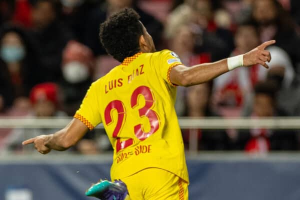 LISBON, PORTUGAL - Tuesday, April 5, 2022: Liverpool's Luis Díaz celebrates after scoring the third goal during the UEFA Champions League Quarter-Final 1st Leg game between SL Benfica and Liverpool FC at the Estádio da Luz. (Pic by David Rawcliffe/Propaganda)