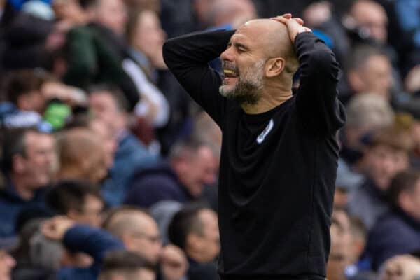 MANCHESTER, ENGLAND - Sunday, April 10, 2022: Manchester City's manager Josep 'Pep' Guardiola reacts during the FA Premier League match between Manchester City FC and Liverpool FC at the City of Manchester Stadium. (Pic by David Rawcliffe/Propaganda)