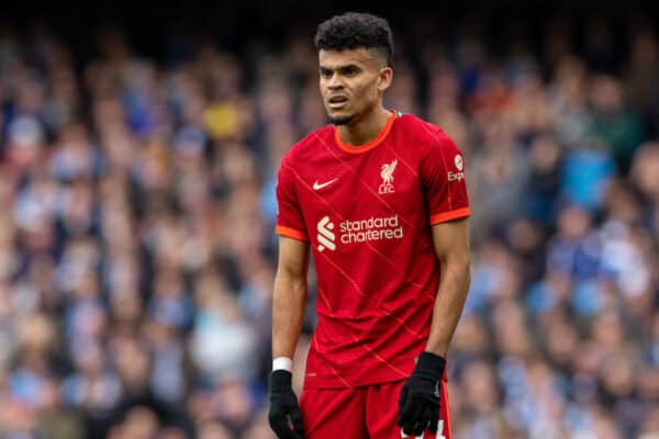 MANCHESTER, ENGLAND - Sunday, April 10, 2022: Liverpool's Luis Díaz during the FA Premier League match between Manchester City FC and Liverpool FC at the City of Manchester Stadium. (Pic by David Rawcliffe/Propaganda)