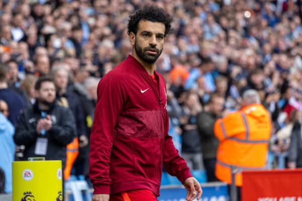 MANCHESTER, ENGLAND - Sunday, April 10, 2022: Liverpool's Mohamed Salah walks out before the FA Premier League match between Manchester City FC and Liverpool FC at the City of Manchester Stadium. (Pic by David Rawcliffe/Propaganda)