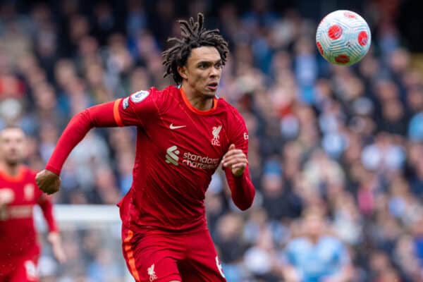 MANCHESTER, ENGLAND - Sunday, April 10, 2022: Liverpool's Trent Alexander-Arnold during the FA Premier League match between Manchester City FC and Liverpool FC at the City of Manchester Stadium. (Pic by David Rawcliffe/Propaganda)